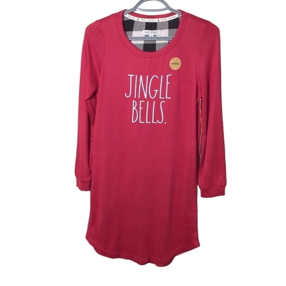 NWT‎ Rae Dunn "Jingle Bells" Red Crewneck Sleepshirt Long-sleeve Size Small